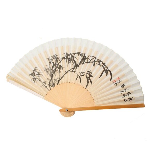 Vintage Japanese Bamboo Folding Hand Fan Paper Wood Watercolour Paint Cream Tan - Picture 2 of 11